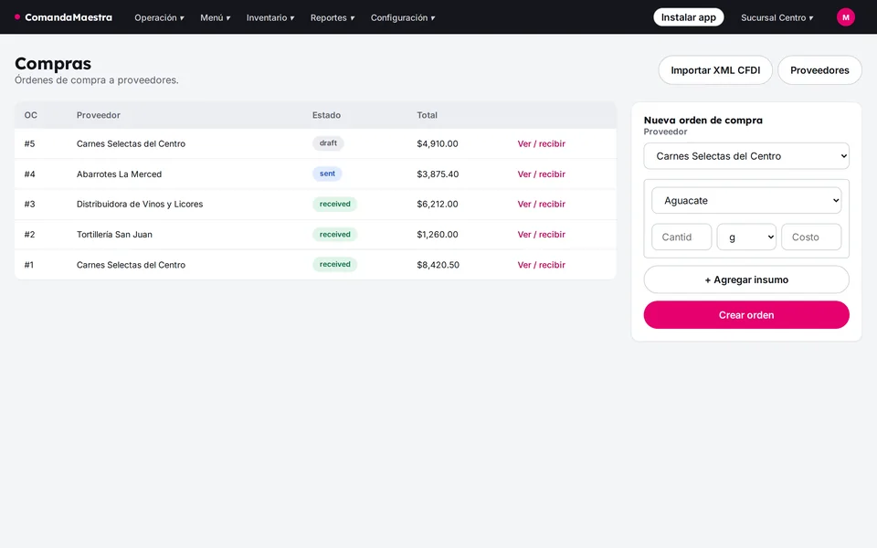 Órdenes de compra por proveedor con estado y total, y botón para importar XML CFDI
