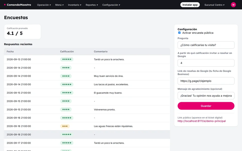 Encuestas con calificación promedio, respuestas recientes y configuración de la invitación a Google