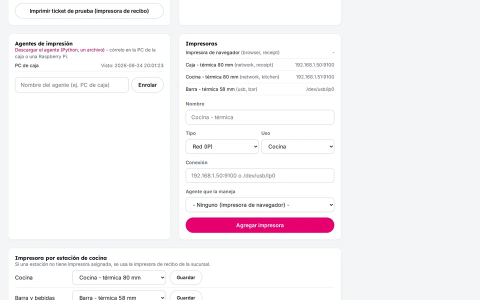 Panel de impresión con el agente enrolado y las impresoras de caja y cocina