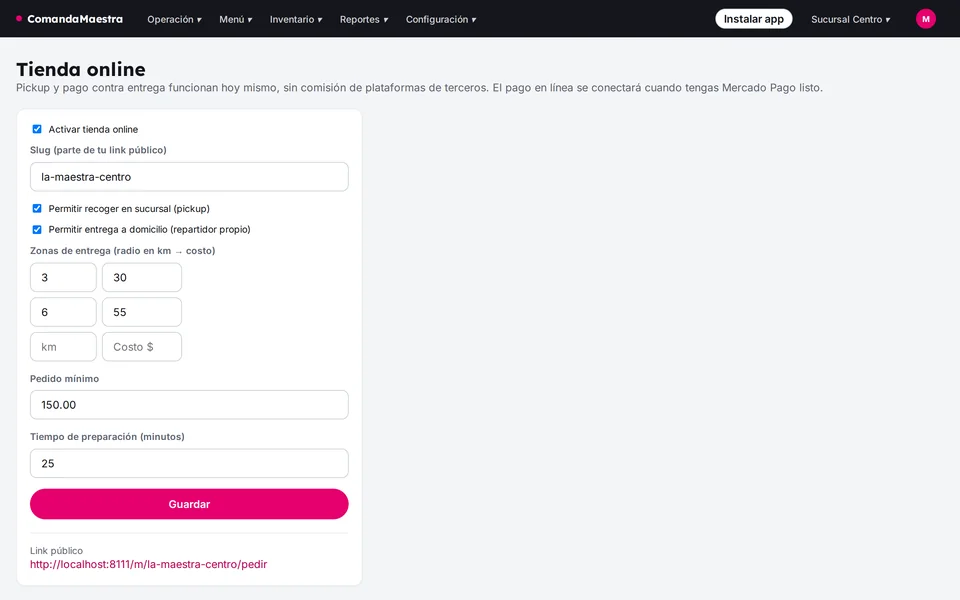 Configuración de la tienda en línea con recoger en sucursal, entrega a domicilio, zonas y pedido mínimo