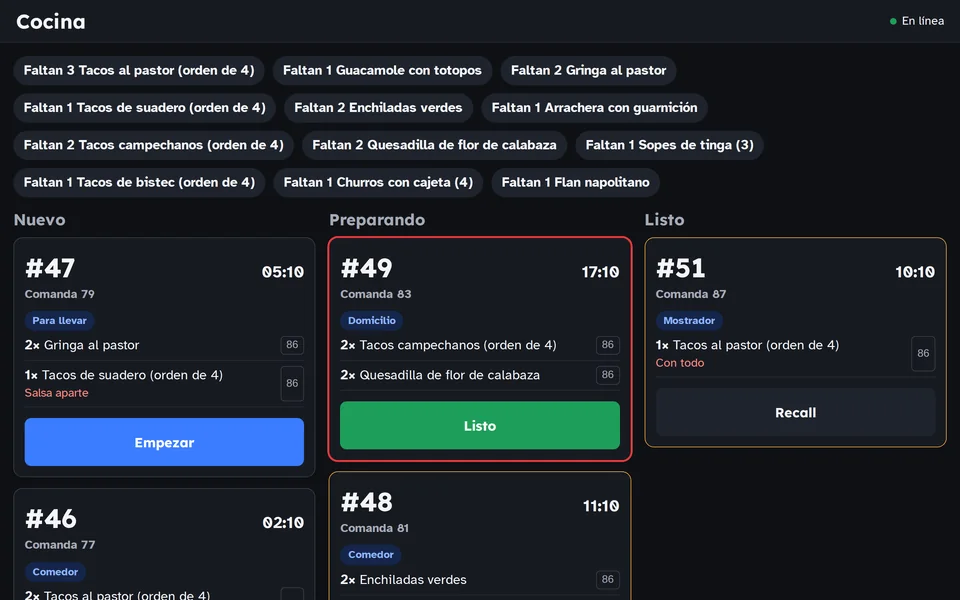 Pantalla de cocina de ComandaMaestra en el navegador, con comandas por estación y cronómetro