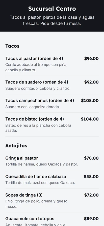 Menú QR de un restaurante en el teléfono del comensal, con categorías, descripciones y precios