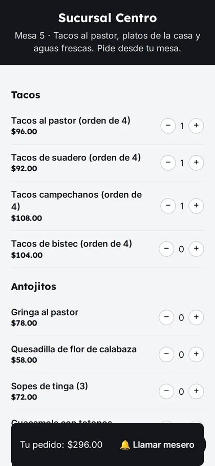 Pedido desde el QR de la mesa en el teléfono de un comensal