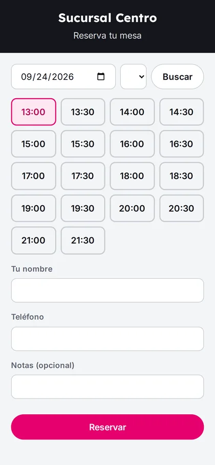 Página pública de reservaciones en un teléfono con horarios disponibles, nombre y teléfono