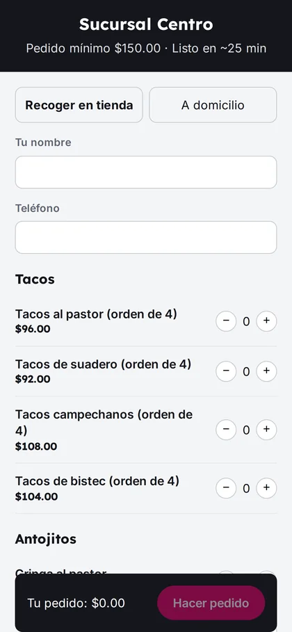 Tienda en línea de un restaurante en el teléfono del cliente, con opción para recoger en tienda o a domicilio