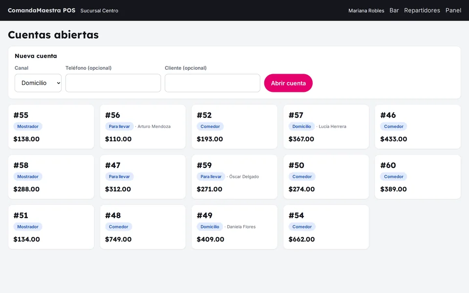 Punto de venta de ComandaMaestra en el navegador con cuentas abiertas por canal