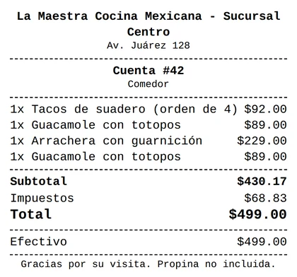 Ticket de cuenta de 80 mm con encabezado del restaurante, platillos, subtotal, impuestos, total y pago en efectivo